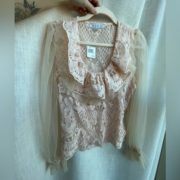 story on Tops - 3 for $15 🦋 NWT Sheer Pink Lace Blouse Romantic Long Sleeve Floral Size Medium